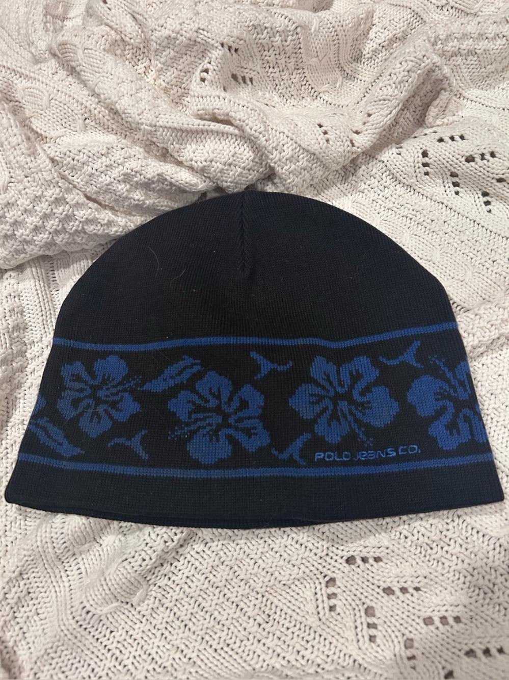 Men's Polo Ralph Lauren 100% Cotton Black & Blue Floral Knit Beanie.